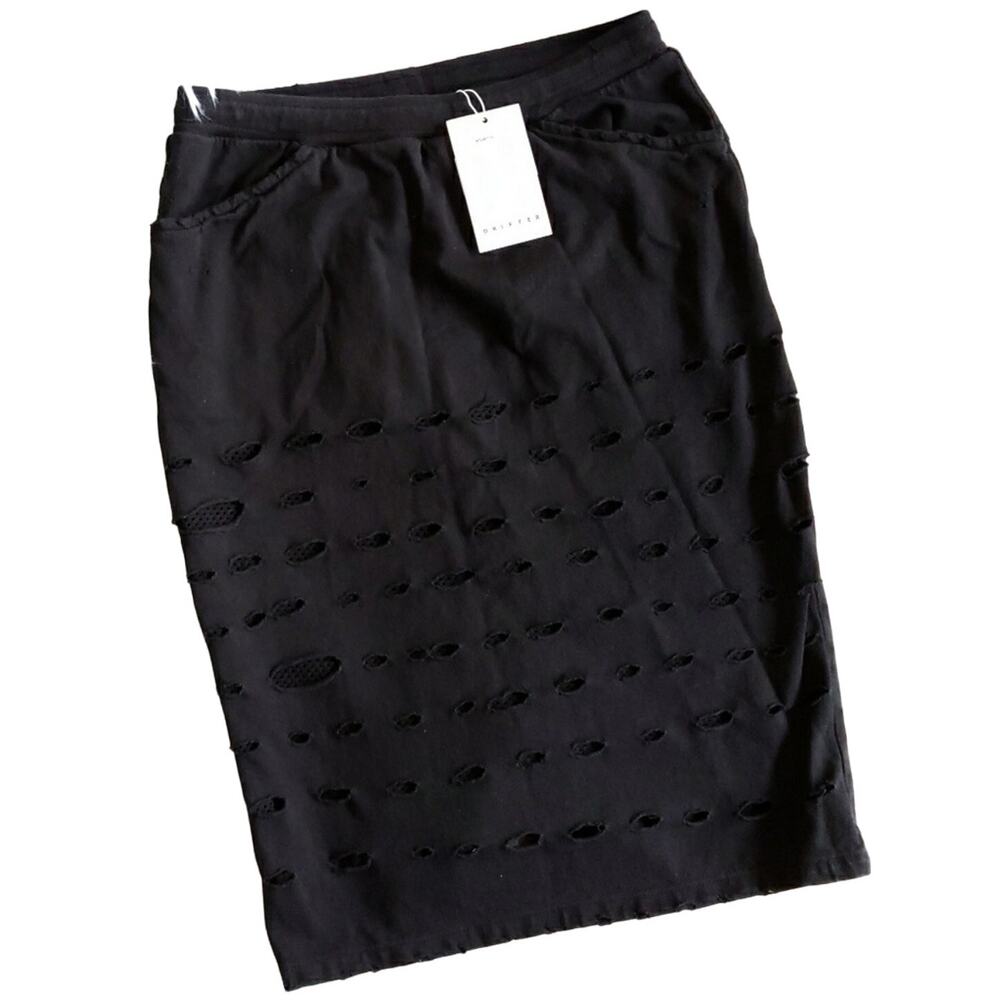 DRIFTER ultra distressed destroyed cotton black casual pencil skirt Size S NEW - Picture 5 of 9